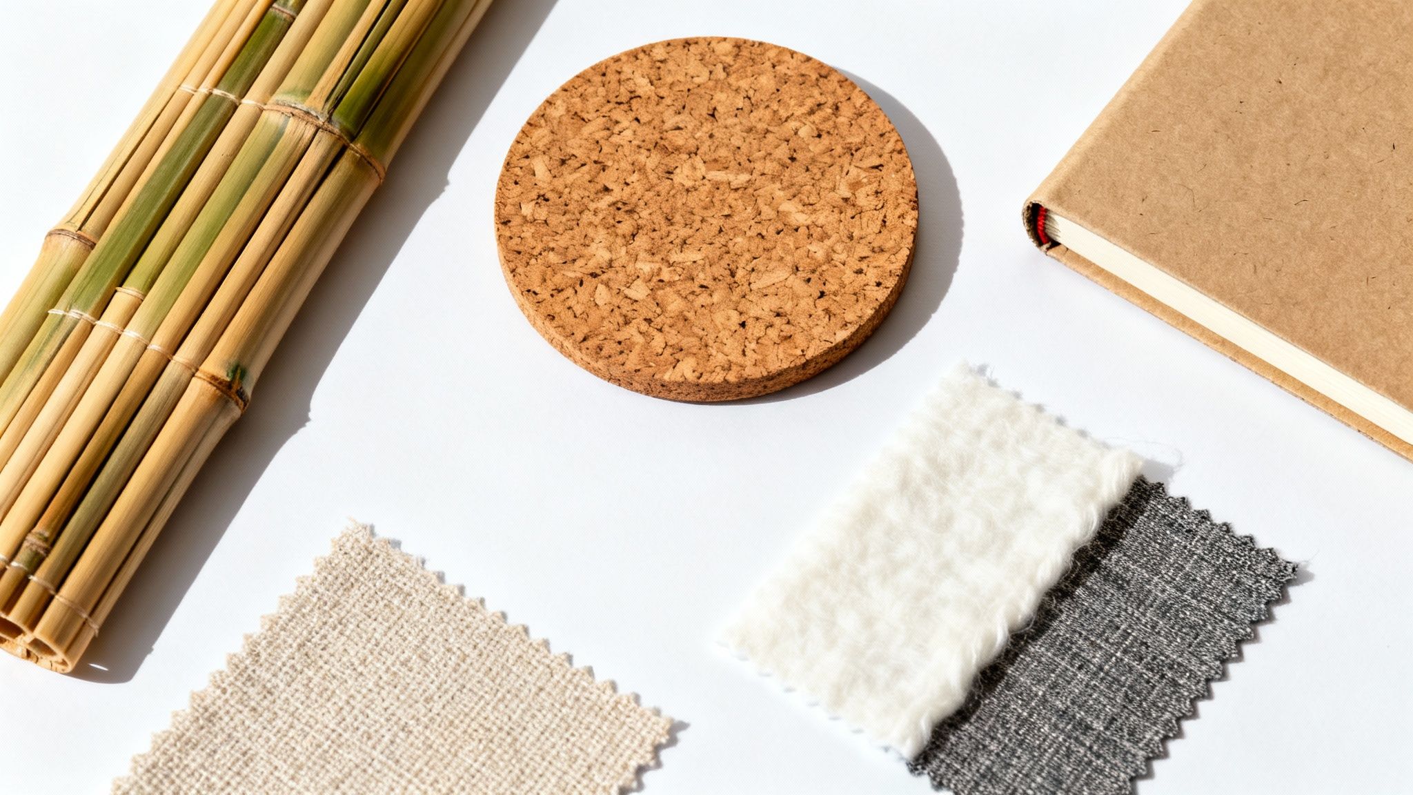A flat lay featuring various natural materials like bamboo, cork, a craft notebook, and fabric swatches.
