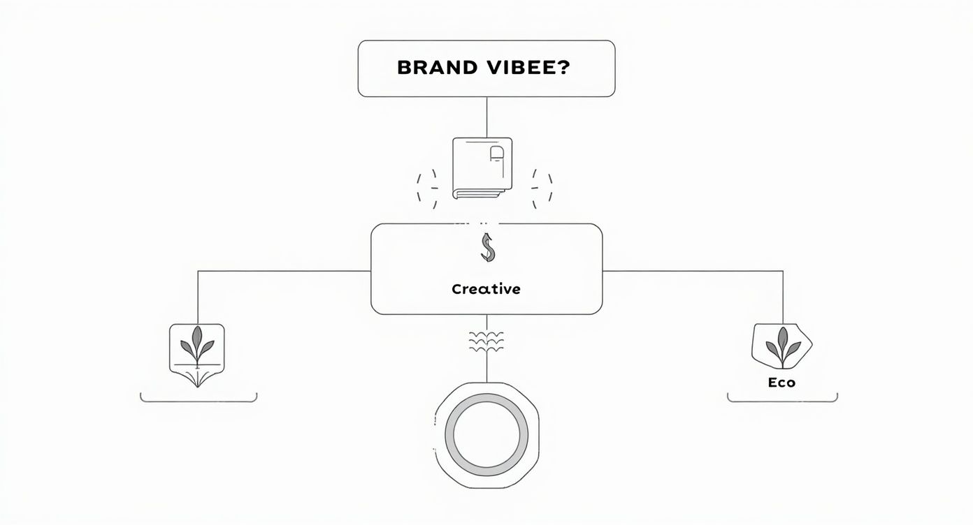 An infographic decision tree helping users choose a notebook material based on their brand vibe which can be premium, creative, or eco-friendly.