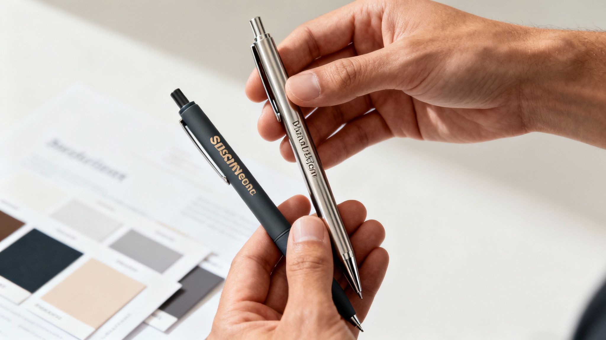 Two hands hold and compare a dark grey 'Sustainaone' pen and a silver 'DATA INSIGHTS' pen over a color chart.