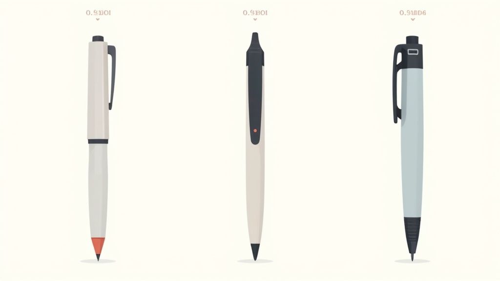 A person examining different types of personalized gel ink pens to match their brand's style