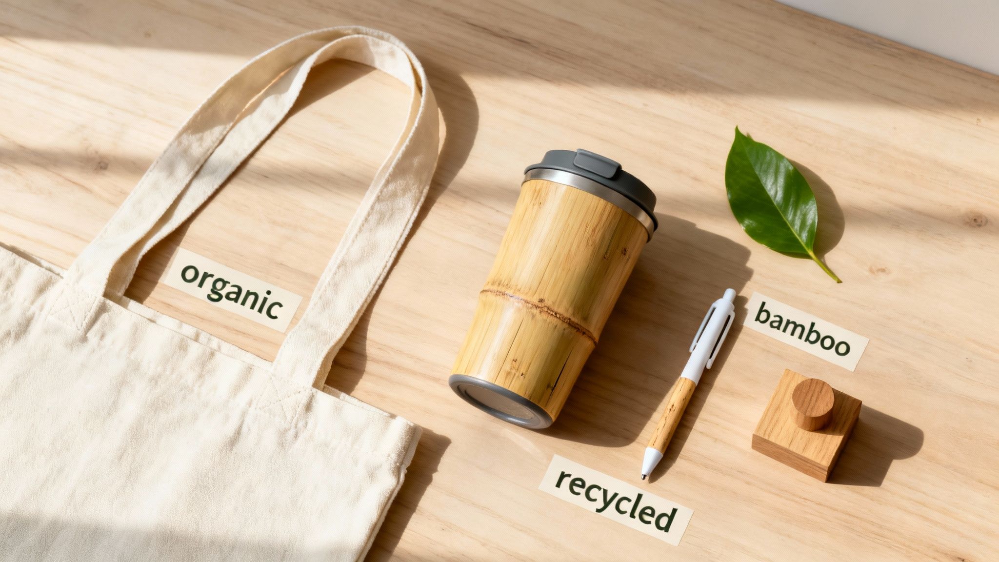 Eco-friendly flat lay with an organic canvas tote bag, bamboo travel mug, pen, and labels.