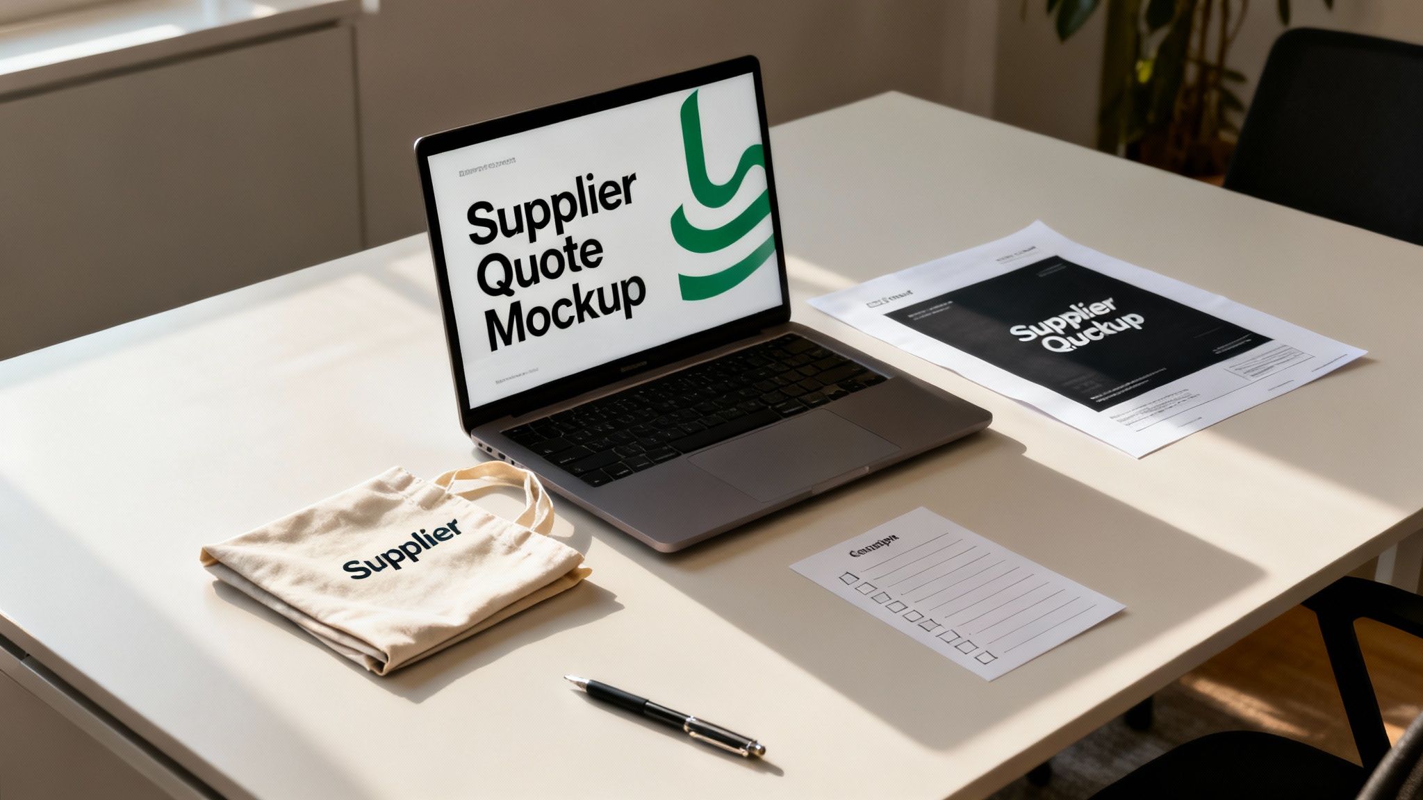 A clean office desk with a laptop showing 'Supplier Quote Mockup', a branded tote bag, and documents.