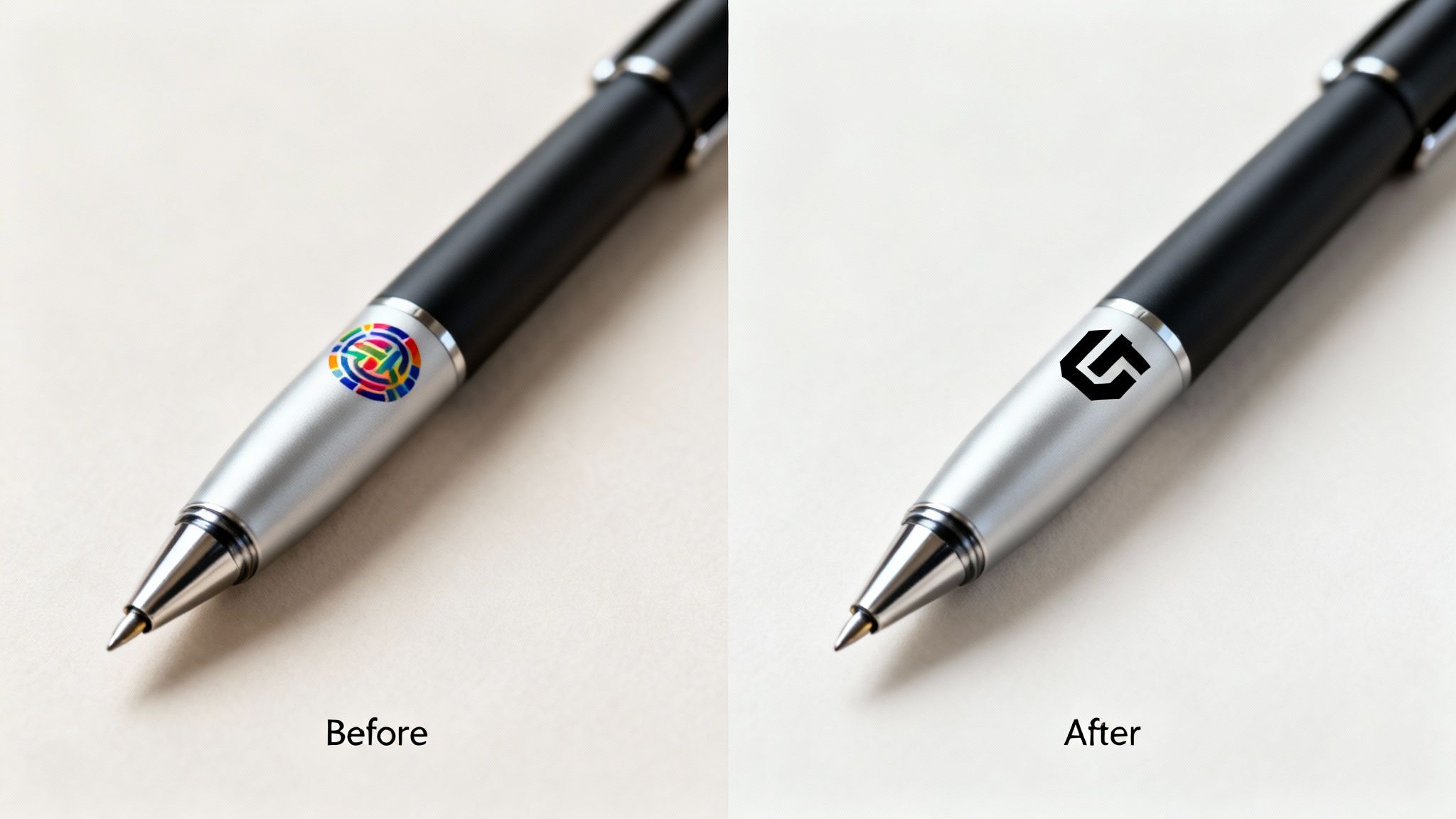 A close-up comparison of a pen before and after custom logo printing on its silver barrel.