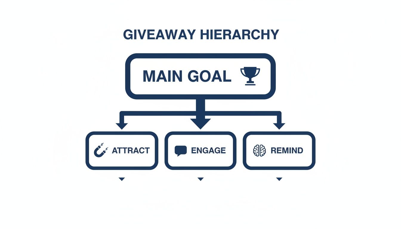 A giveaway hierarchy diagram illustrating the main goal, branching into attract, engage, and remind phases.