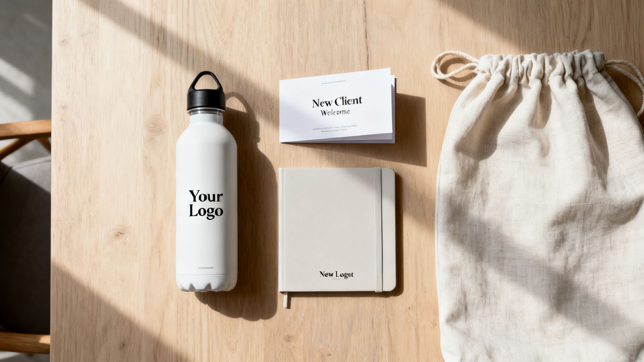 A corporate welcome kit featuring a branded white water bottle, welcome card, notebook, and drawstring bag on a wooden table.