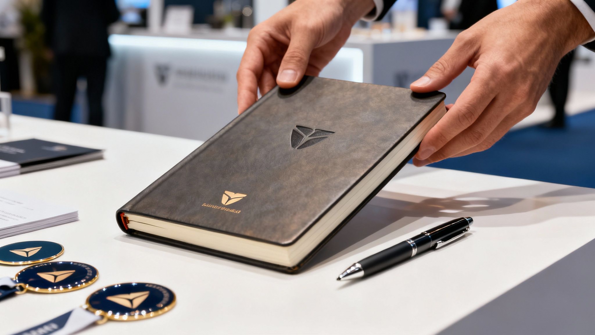 Hands placing a dark, branded notebook with a pen and medallions on a white table.