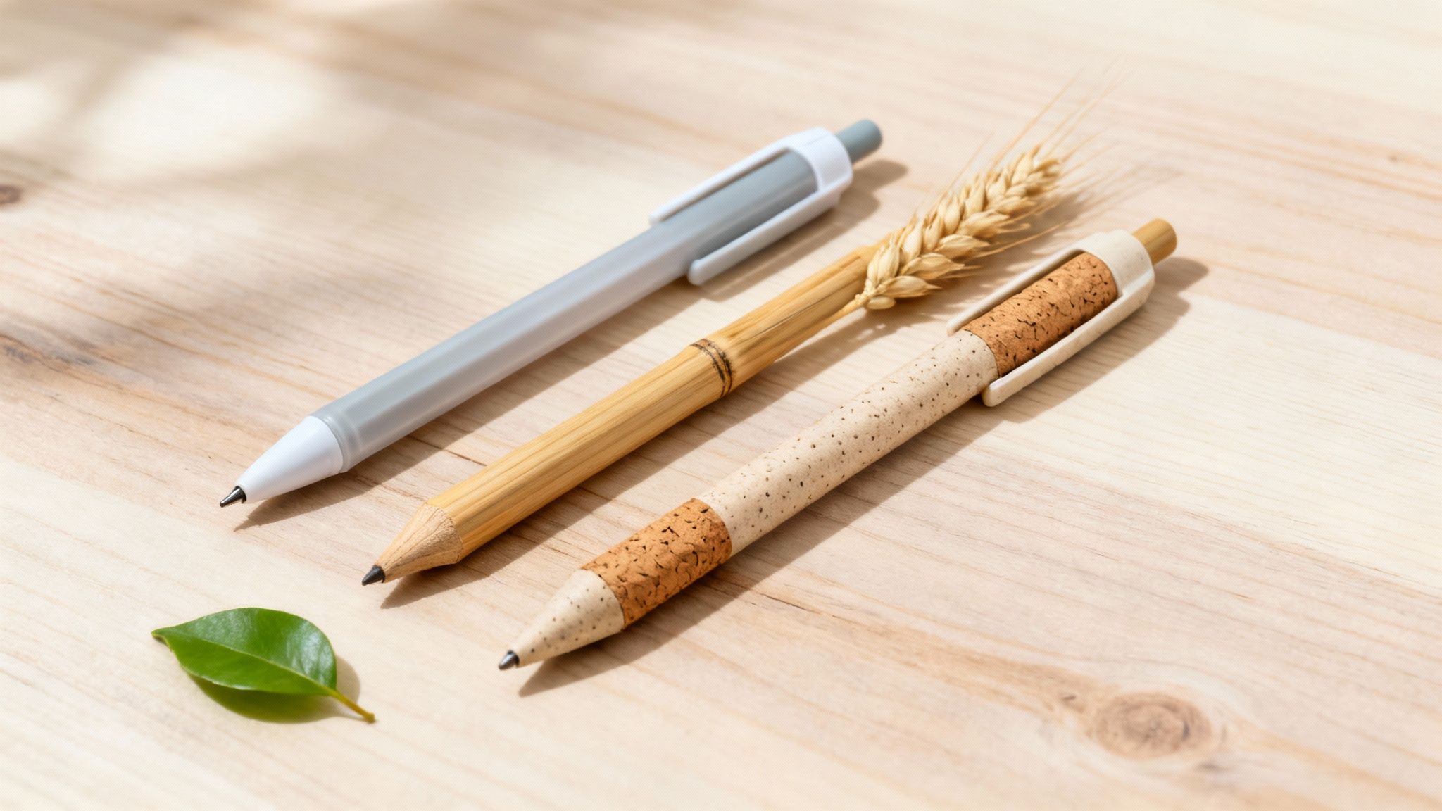 Three eco-friendly pens made from recycled materials, bamboo, and cork on a wooden table with a wheat stalk and a leaf, highlighting sustainability.