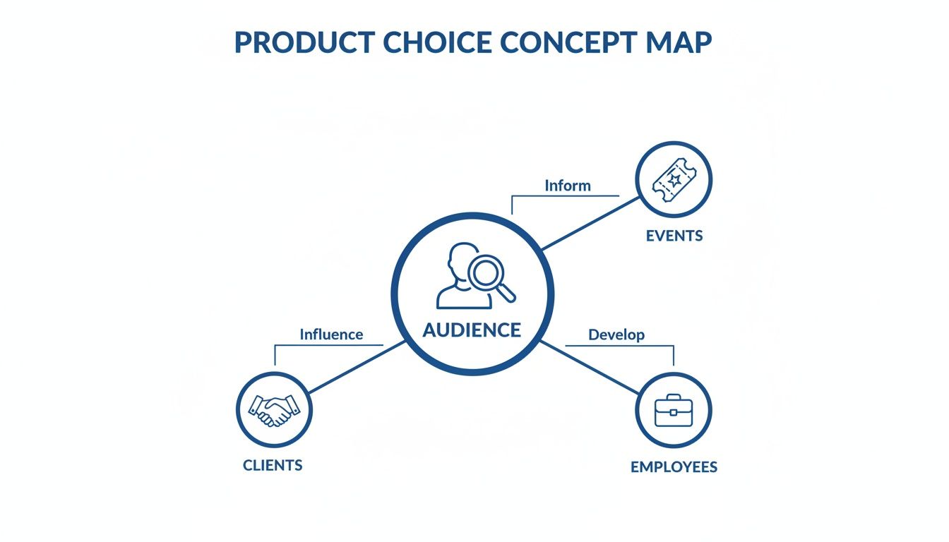 A concept map titled 'Product Choice Concept Map' showing 'Audience' connected to 'Events', 'Clients', and 'Employees'.