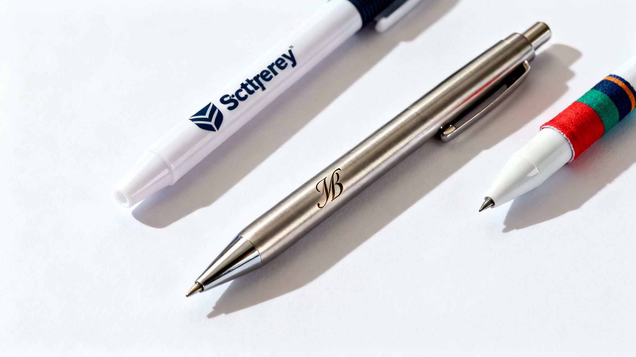 Three different pens: a white marker, a silver ballpoint with an 'MB' monogram, and a colorful grip pen.