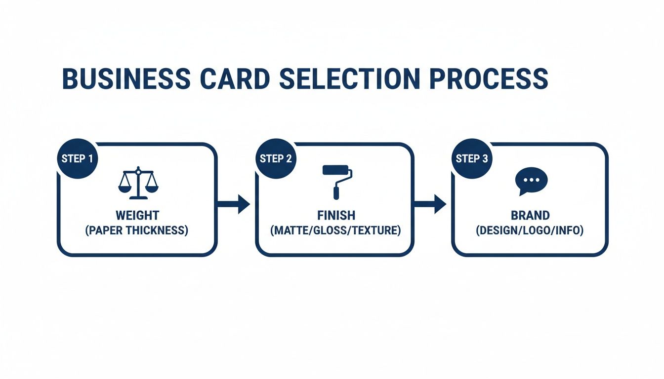 Infographic detailing the business card selection process: weight, finish, and brand considerations.