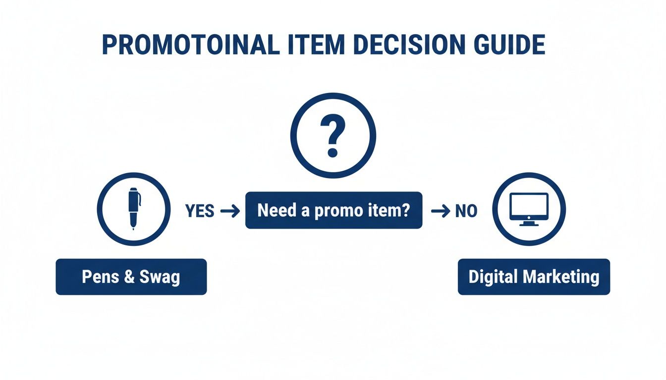 A promotional item decision guide flowchart offering pens and swag or digital marketing solutions.
