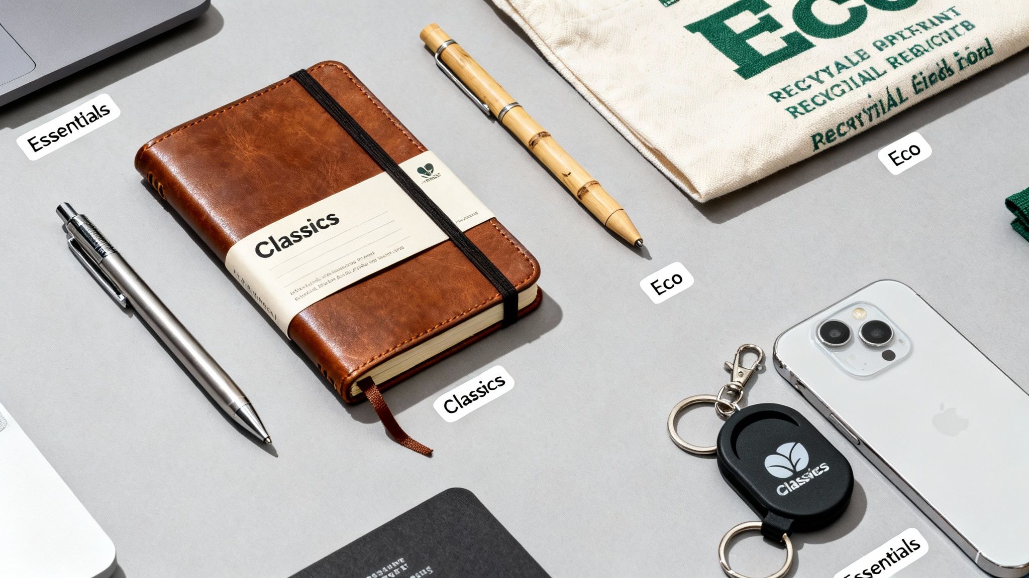 A flat lay of various promotional items including a notebook, pens, a bag, and a phone.
