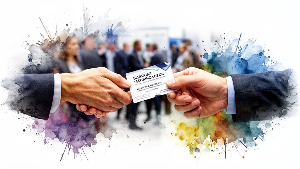 Close-up of two hands exchanging a business card with a blurred business event in the background and colorful watercolor splashes.