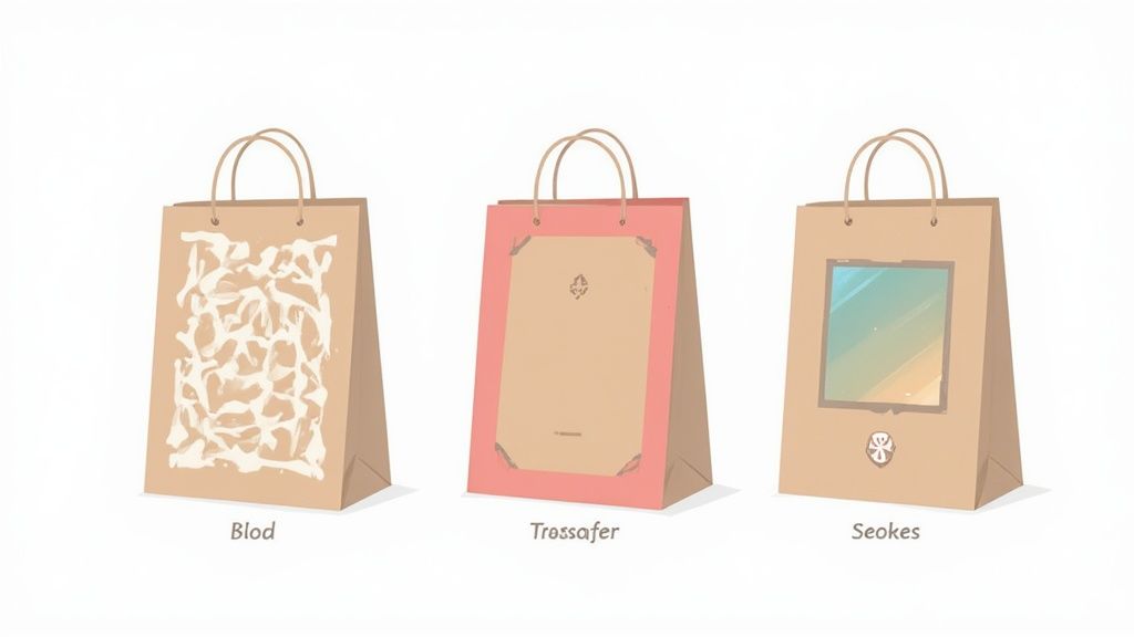 A detailed close-up shot of a logo being screen-printed onto a fabric gift bag, showing the ink and mesh screen.