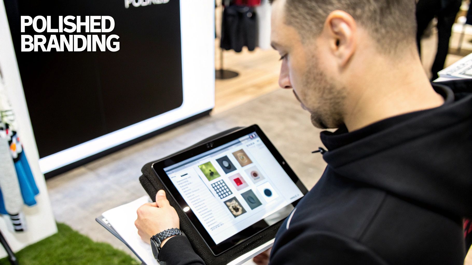 A designer reviewing different branded merchandise samples