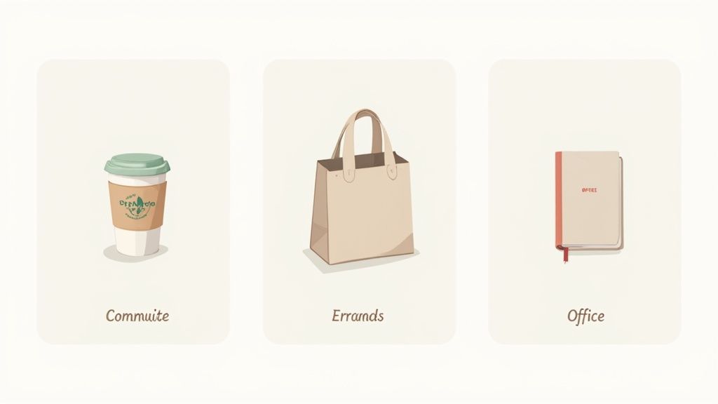 Three eco-friendly promotional products: reusable coffee cup, tote bag, and office notebook