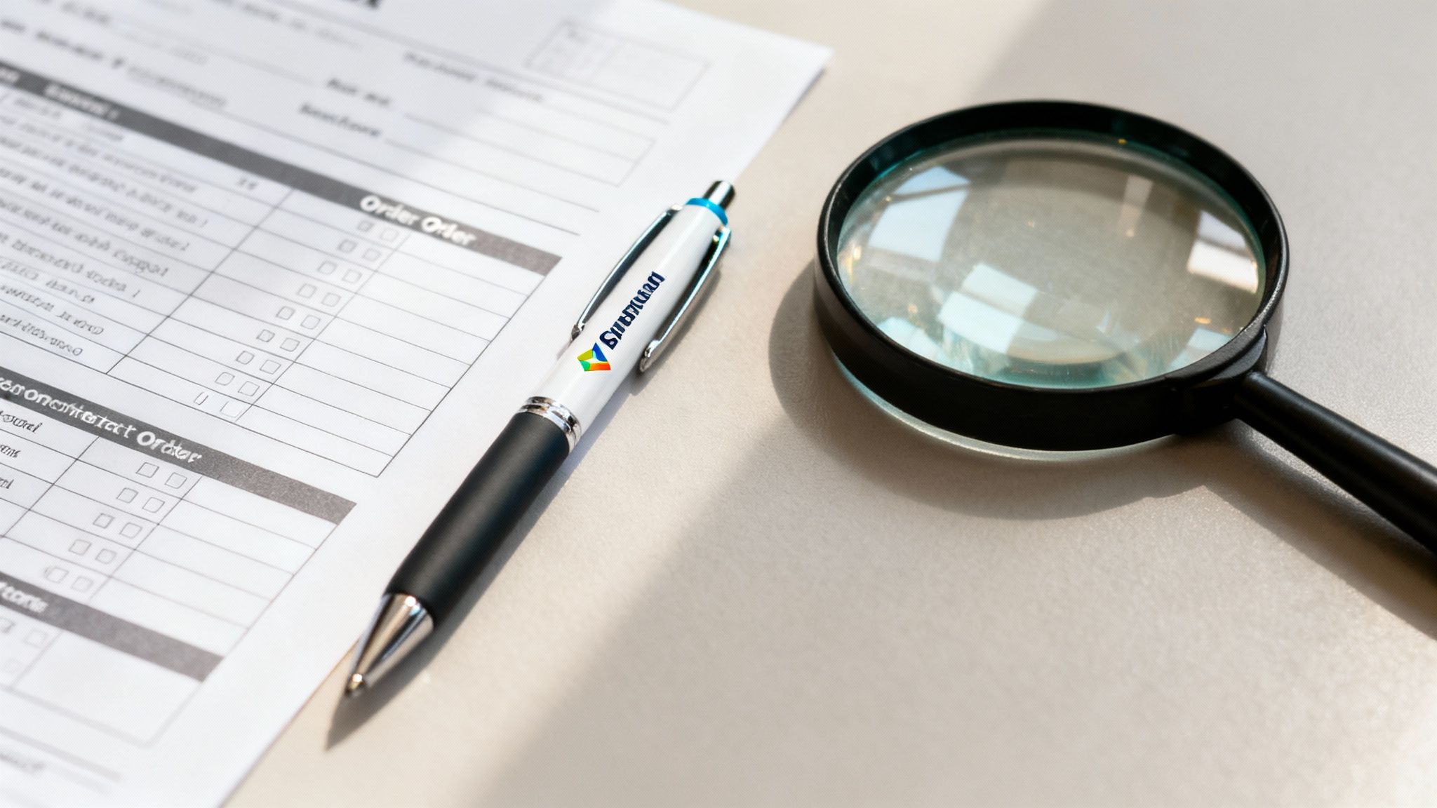 A close-up of a desk with a white pen, a magnifying glass, and an order form document.