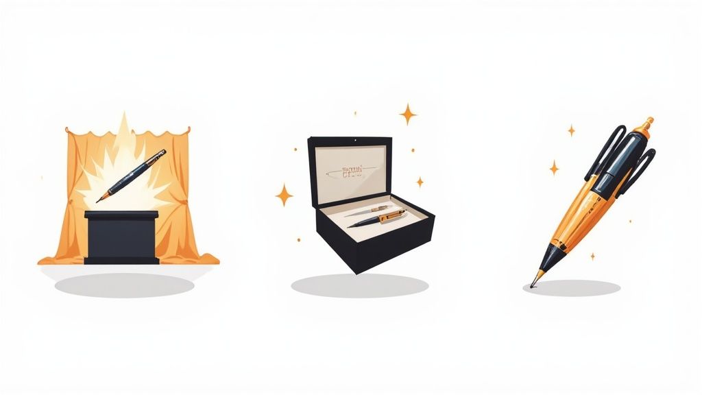 A person at an event booth handing an attendee an illuminated pen, creating a positive interaction.