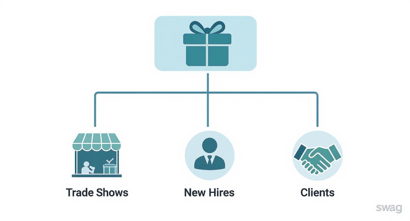 Infographic showing a hierarchy of swag goals, branching from a central gift box to icons representing trade shows, new hires, and clients.