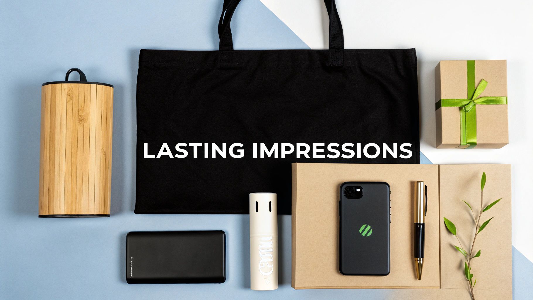 A collection of high-quality promotional items, including a tote bag, notebook, and pens, neatly arranged.