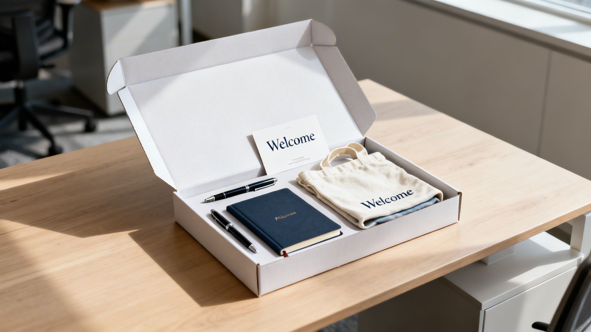 An open white box containing a welcome kit with a notebook, pens, and a tote bag on a wooden desk.