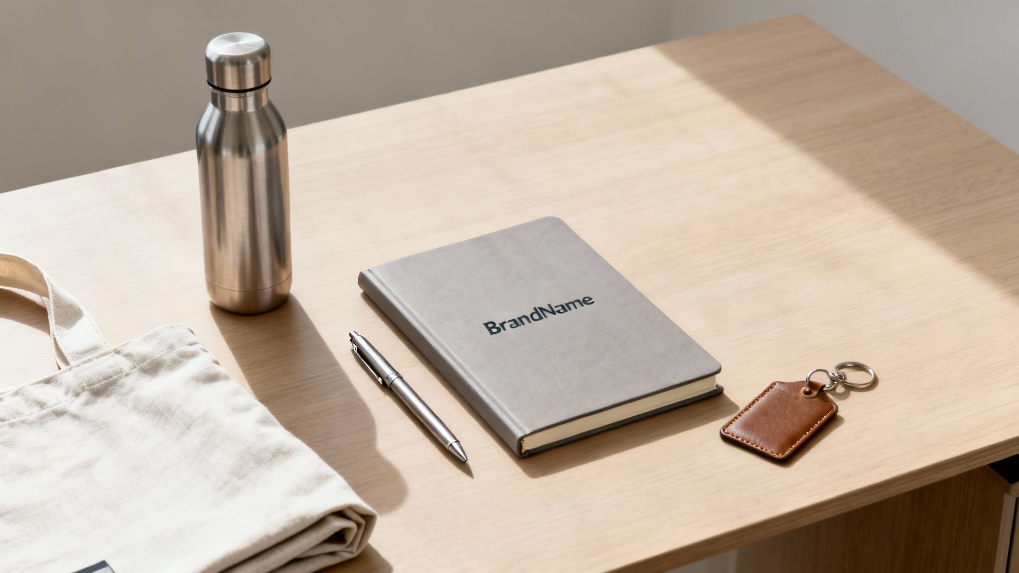 A professional flat lay of conference swag: a branded notebook, pen, water bottle, tote bag, and keychain on a wooden desk.