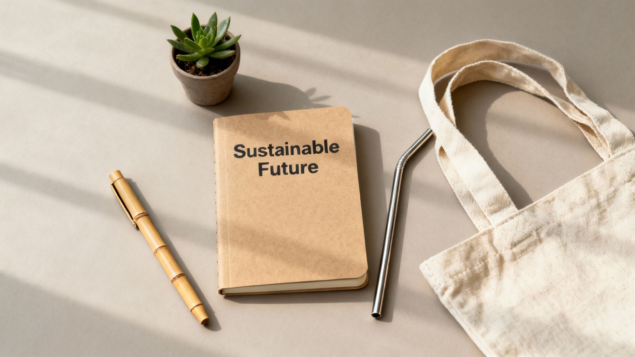 Sustainable items flat lay: notebook, bamboo pen, succulent, metal straw, and canvas tote bag.