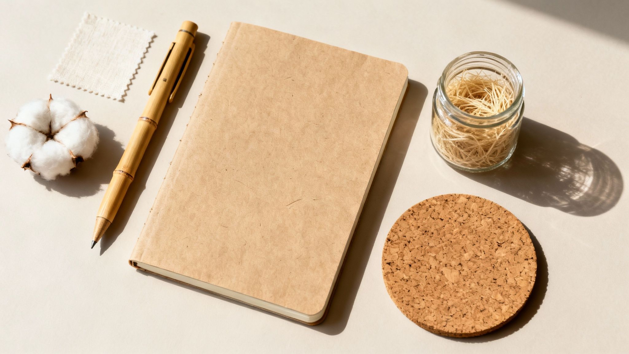 Overhead shot of sustainable desk essentials including a kraft notebook, bamboo pen, and cotton.