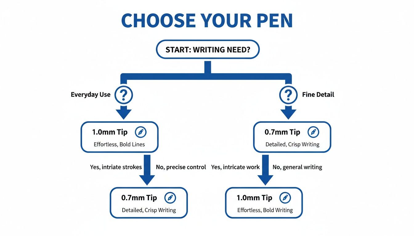 Flowchart guiding pen tip selection based on writing needs, from everyday use to fine detail.