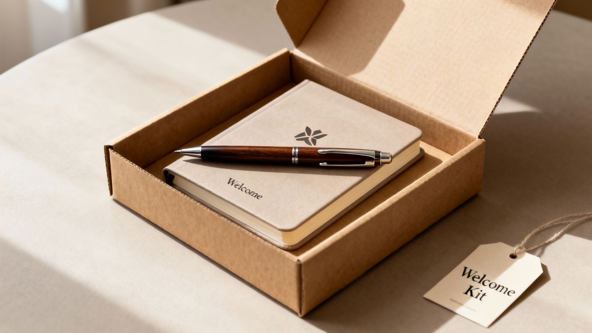 A welcome kit in a cardboard box featuring a branded notebook, a pen, and a 'Welcome Kit' tag.