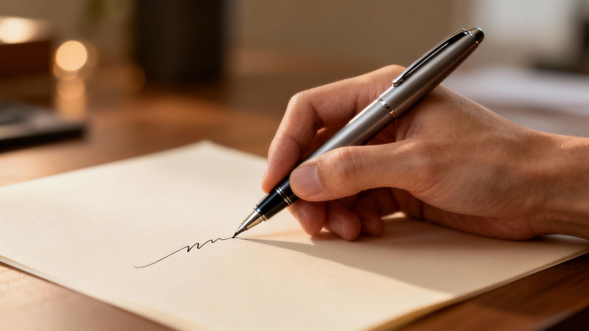 Close-up of a hand holding a sleek silver pen, writing a wavy line on a piece of paper.