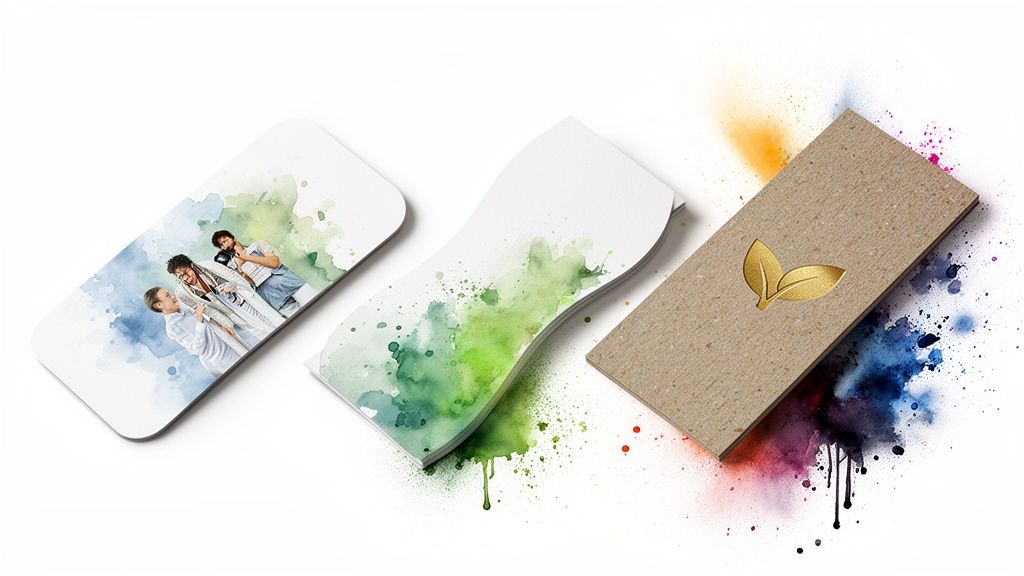 Diverse custom paper products, including business cards, with watercolor art and a gold leaf logo.