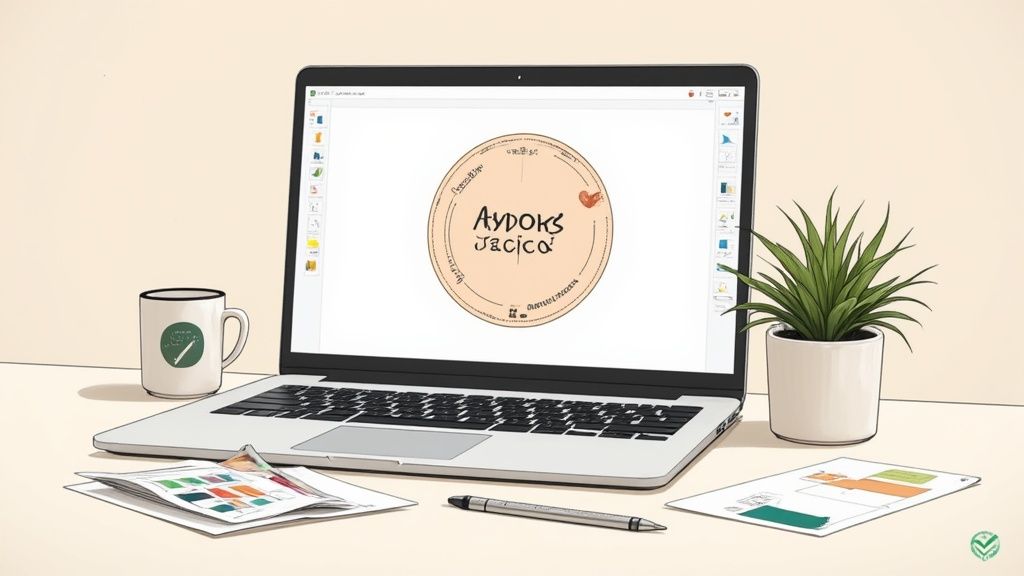 A graphic designer working on a logo file on a computer, with a branded notebook visible nearby.