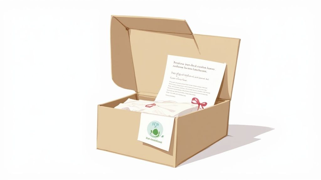 Eco-friendly kraft cardboard gift box with sustainable packaging label and greeting card inside