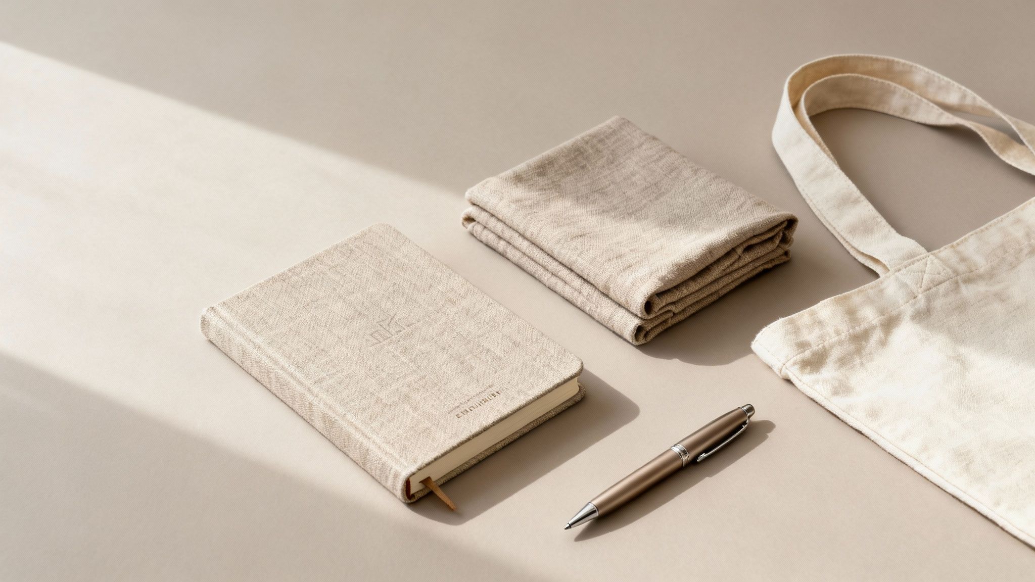 A minimalist flat lay of eco-friendly office and daily essentials on a light beige background with shadows.