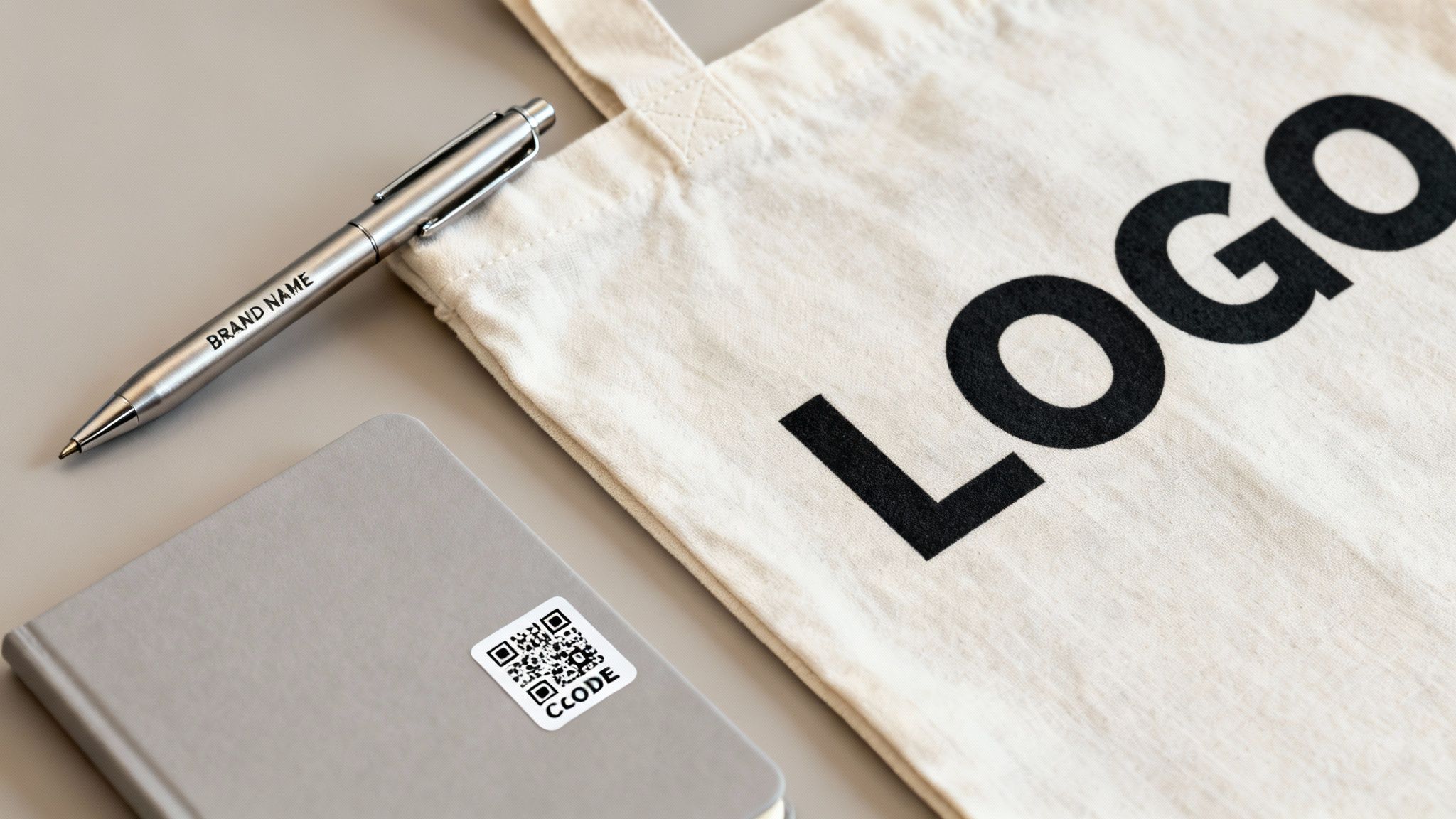 Close-up of a promotional pen with 'BRAND NAME', a notebook with a QR code, and a tote bag with 'LOGO'.
