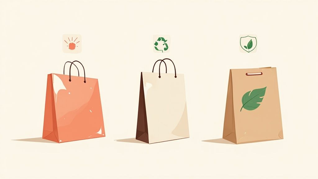 A variety of gift bags made from different materials like paper, canvas, and jute, arranged neatly.