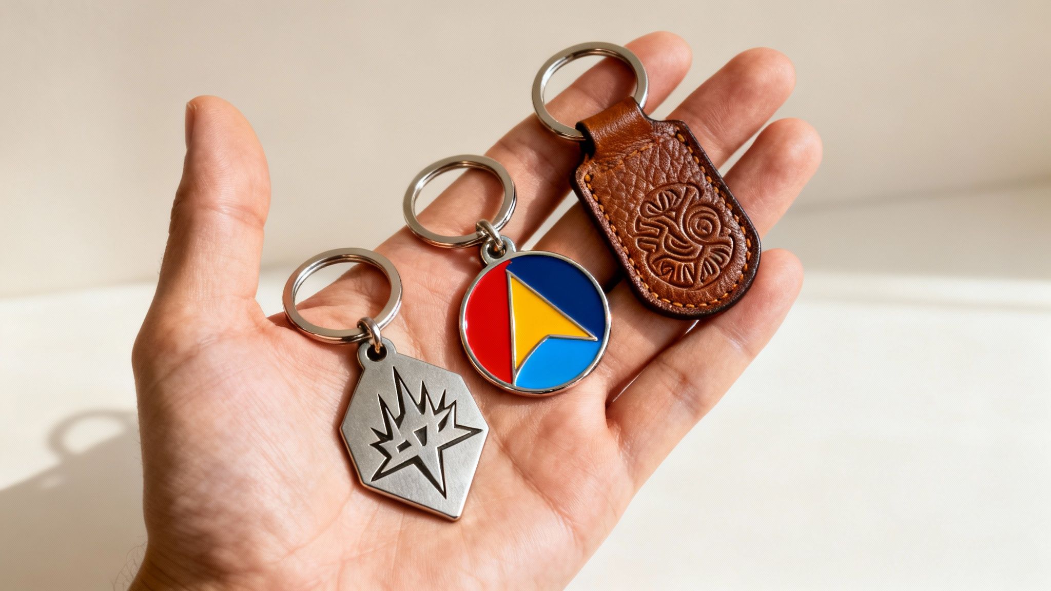 A hand holds three distinct custom keyrings: a silver hexagonal, a colorful round, and an embossed brown leather one.