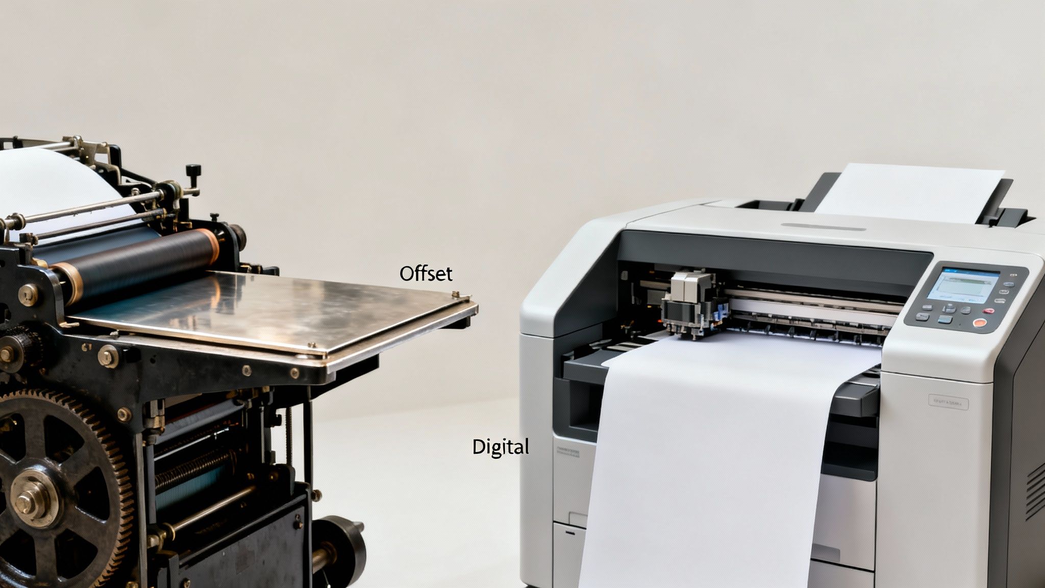 A classic offset printing machine stands next to a modern digital printing device.