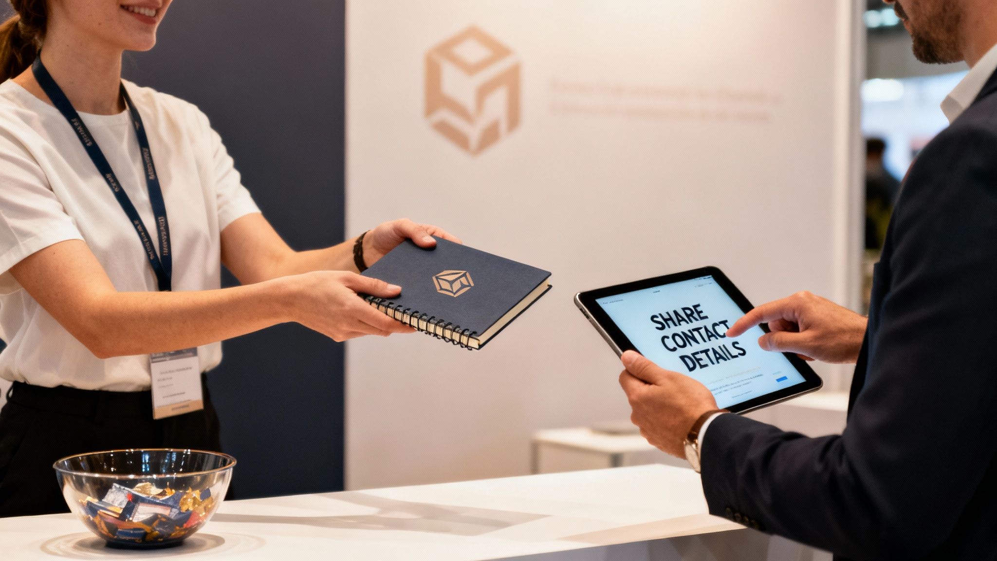 A woman hands a branded notebook to a man using a tablet to share contact details at a trade show booth.