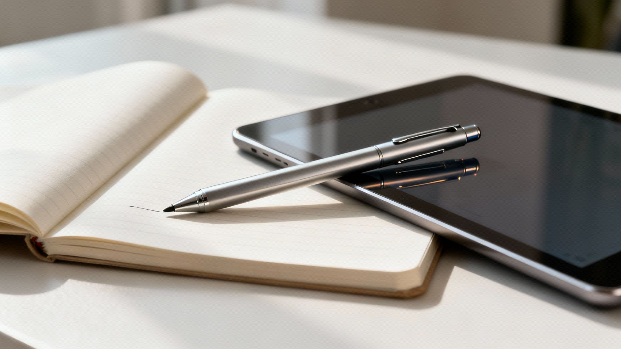 A silver stylus pen rests on an open lined notebook next to a modern tablet.