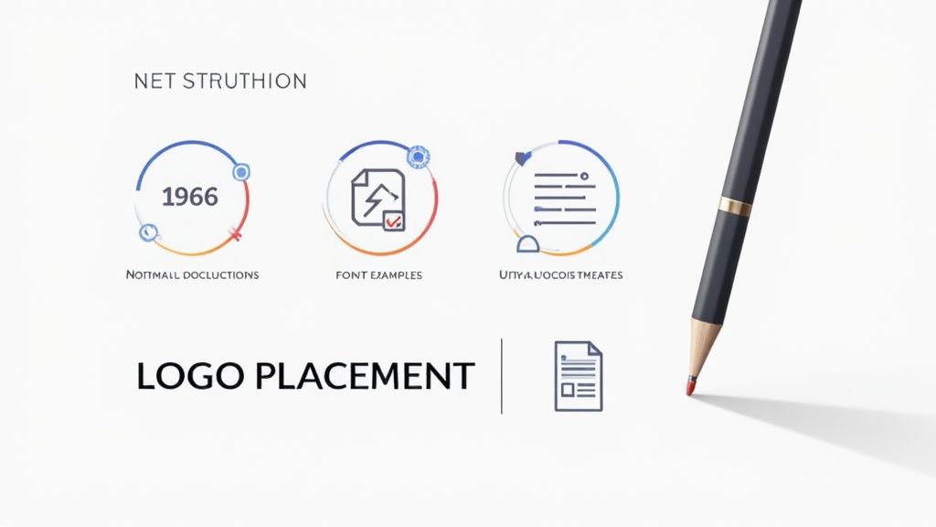 A designer carefully reviewing font options and logo placement on a pen mockup.