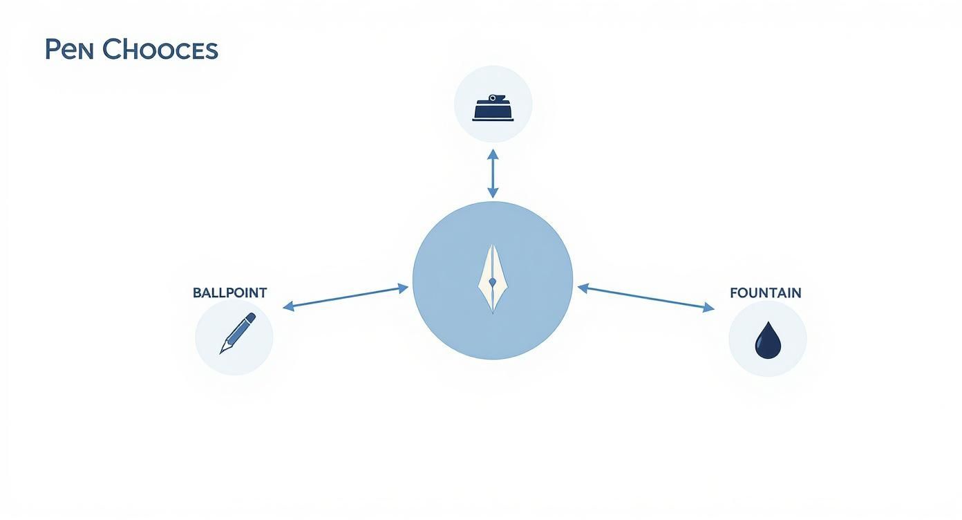 Infographic showing a concept map with a central pen icon branching out to ballpoint, rollerball, and fountain pen icons.