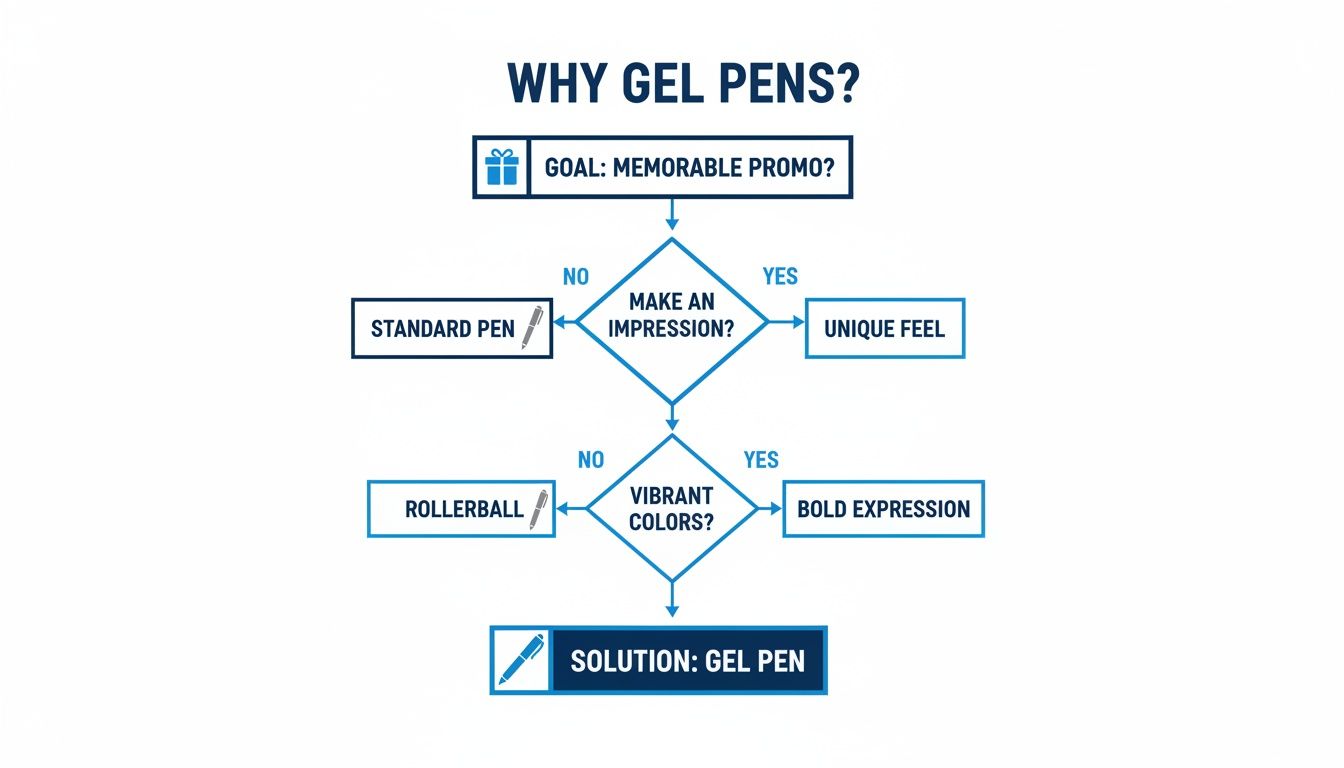 Flowchart illustrating why gel pens are ideal for memorable promotions, making an impression with vibrant colors.