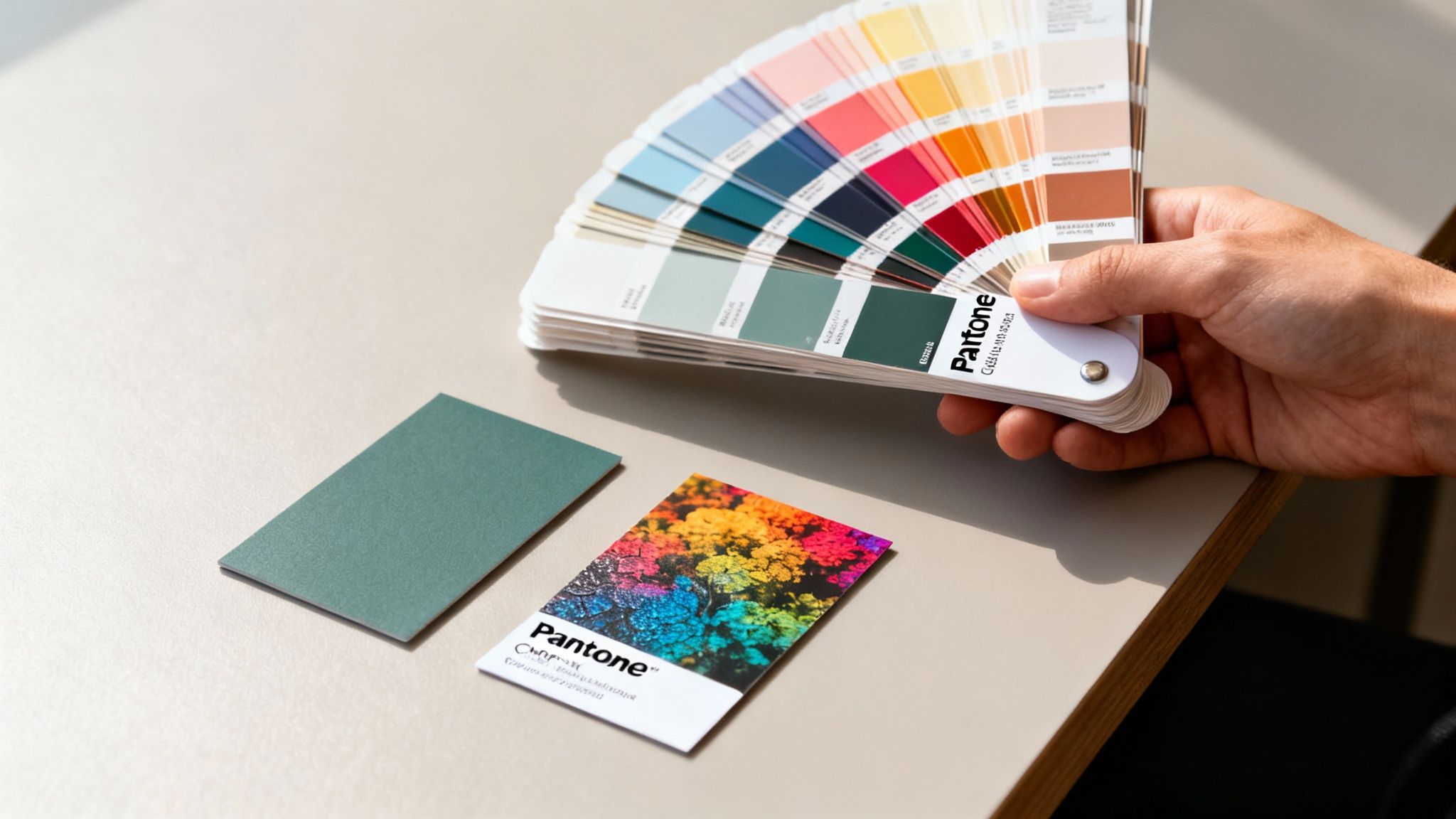 A hand holds a Pantone color swatch book, showcasing various color shades for design work.