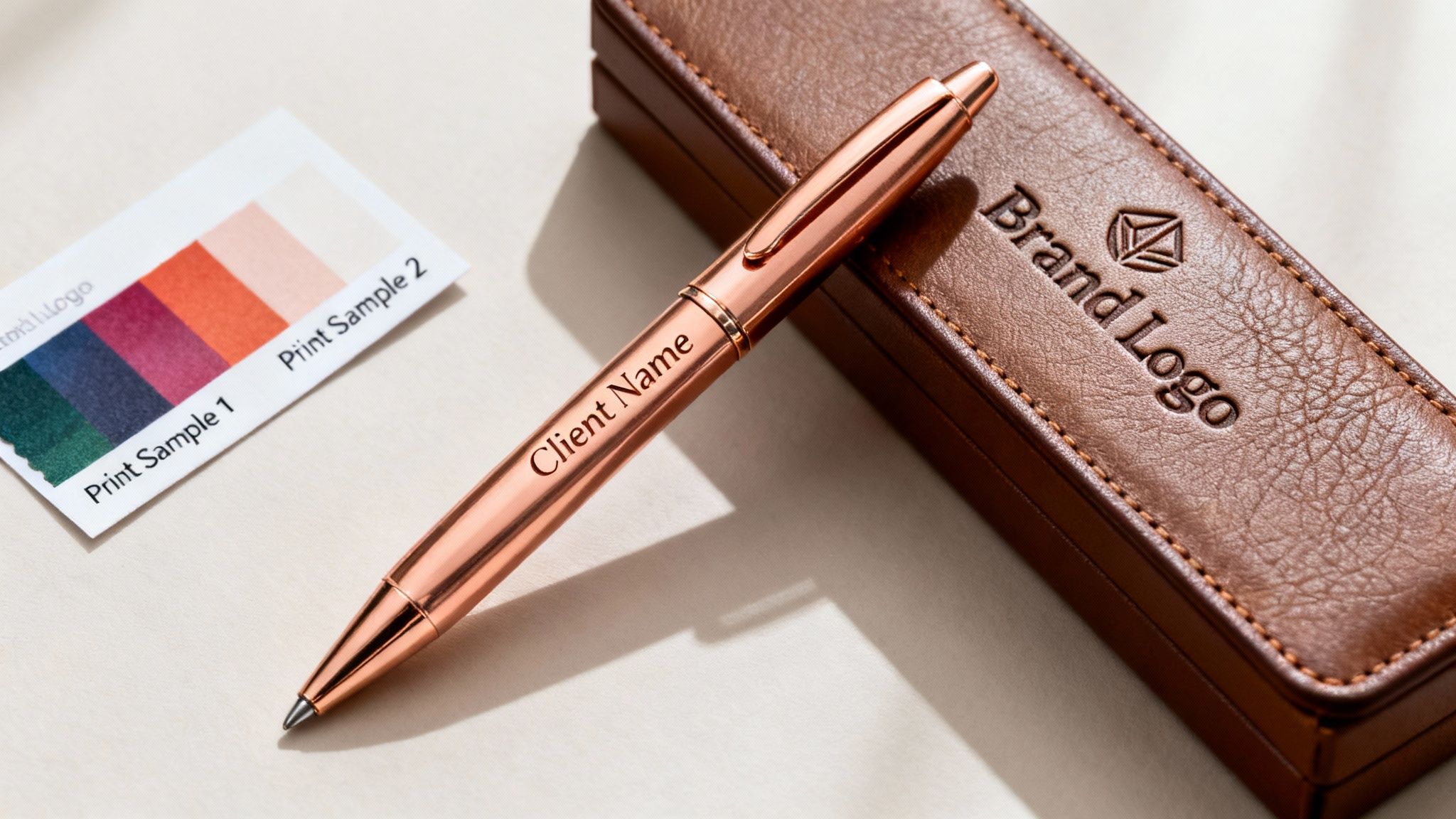Rose gold pen with "Client Name" and a leather case with "Brand Logo" are next to a color swatch card.