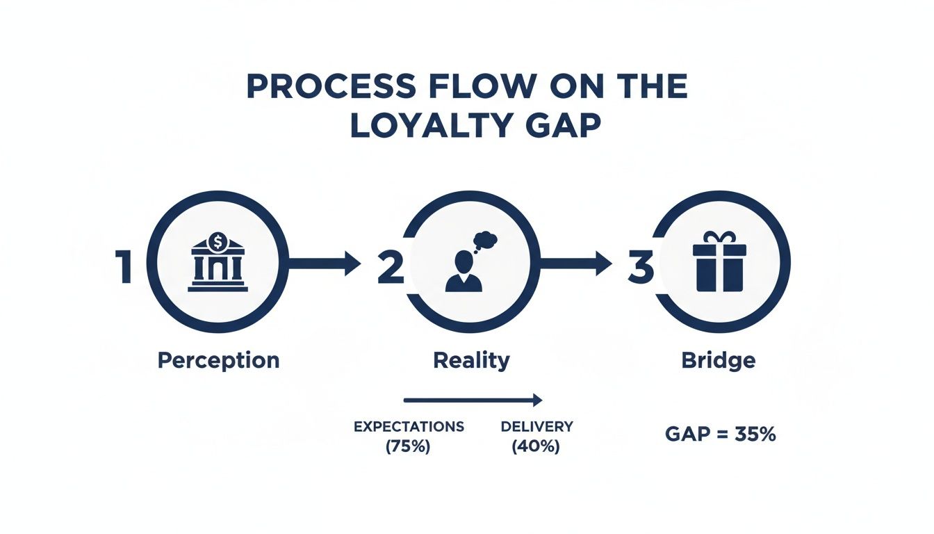 Process flow diagram illustrating the loyalty gap, showing perception, reality with expectations and delivery, and a bridge.