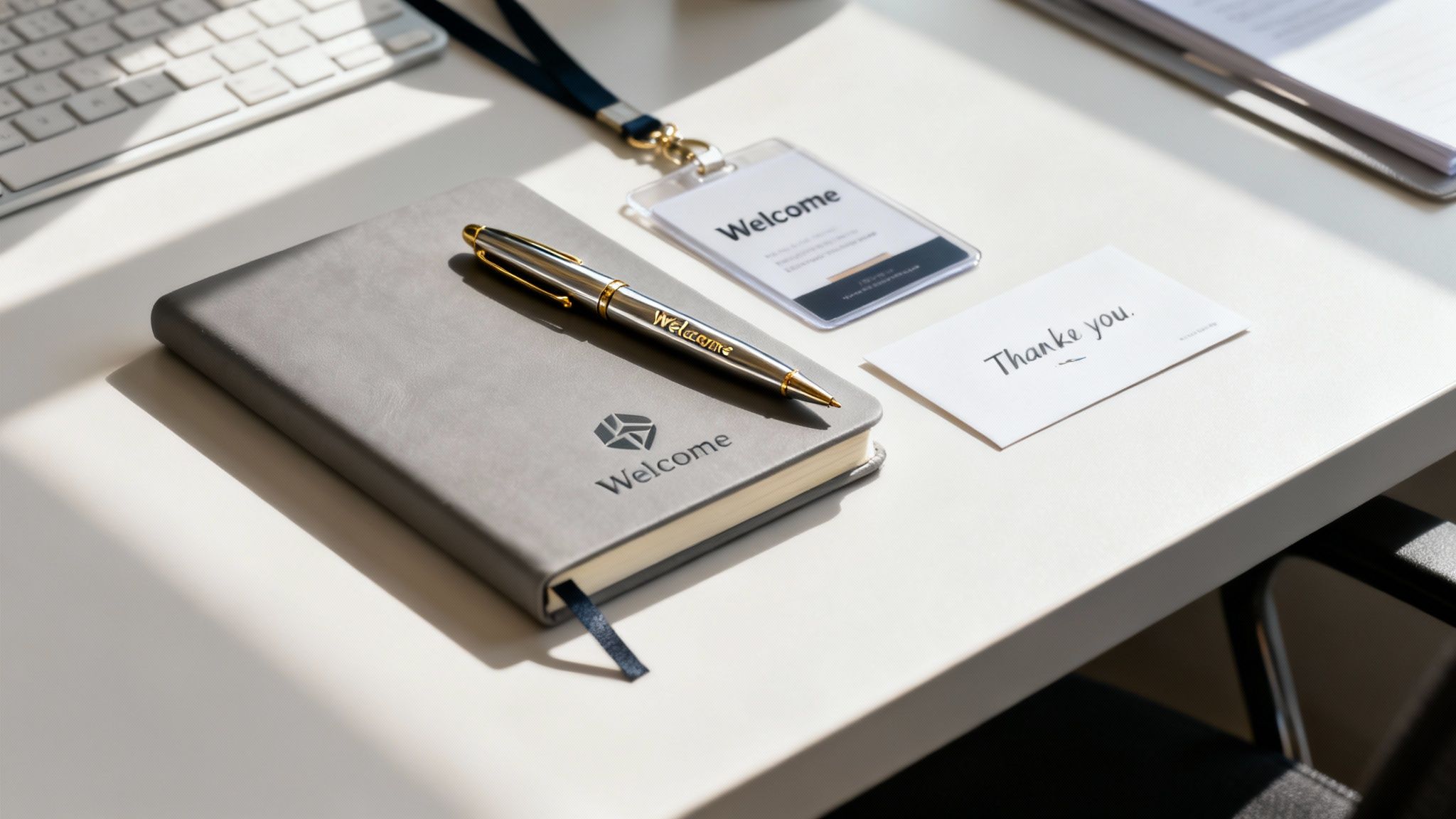 A corporate welcome kit featuring a custom 'Welcome' logo notebook, pen, and ID badge on a white desk.