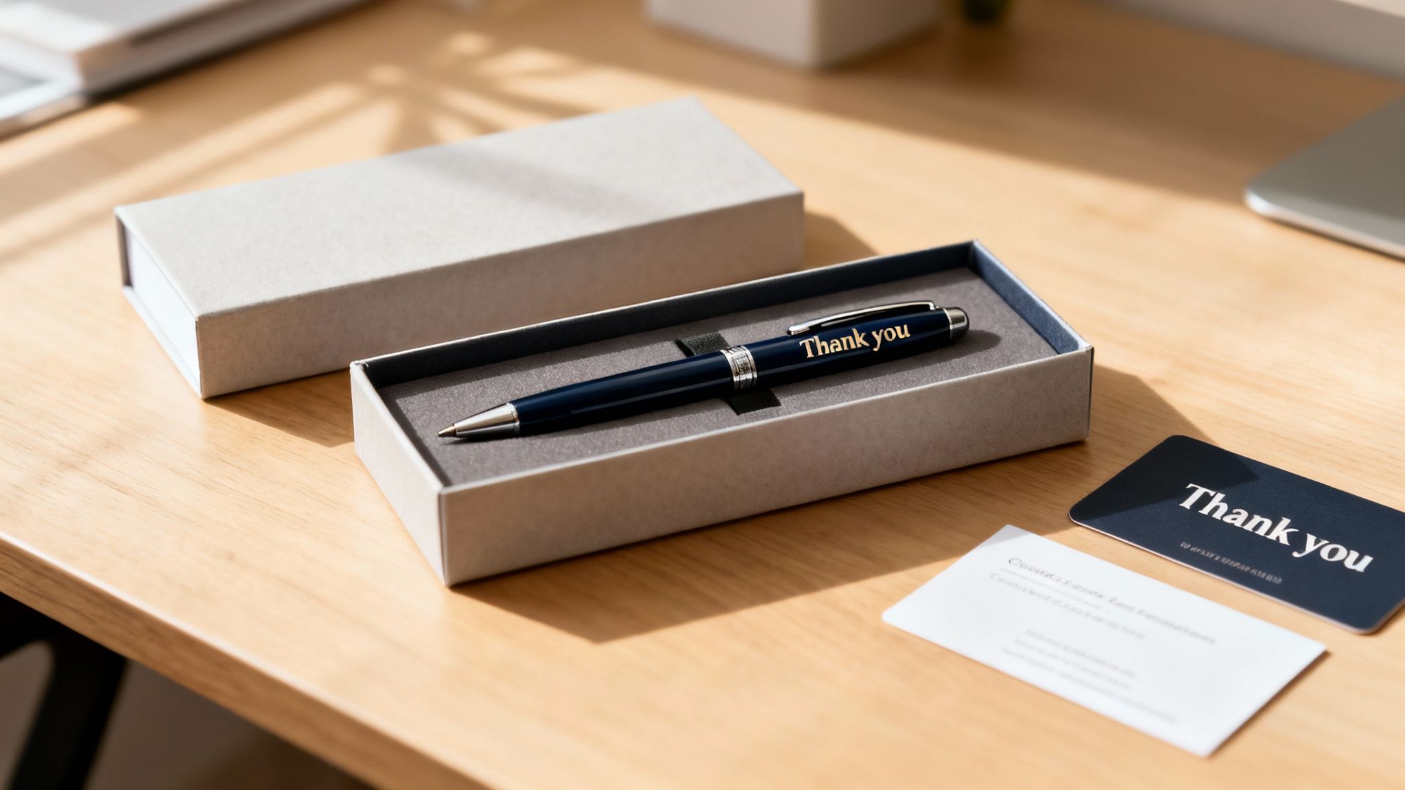 A thank you gift set with a blue engraved pen in a box and a thank you card on a wooden desk.