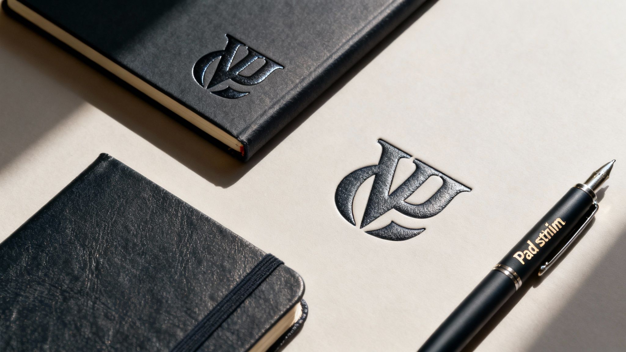 Two personalized dark notebooks and a matching pen with a silver debossed logo.